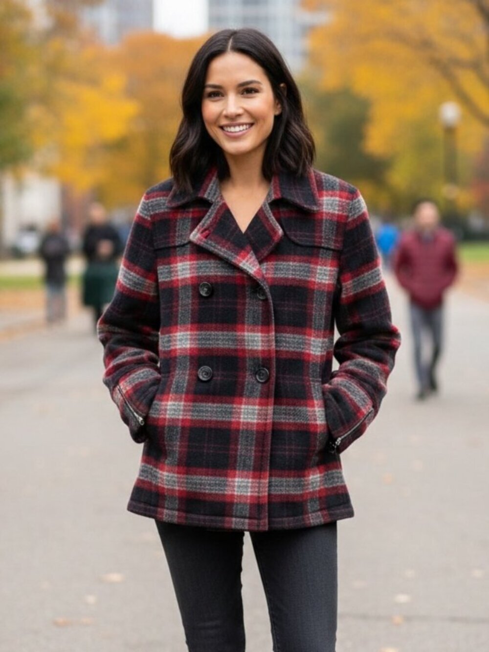 WOOLRICH Raeburn Red Plaid Wool Peacoat Size M